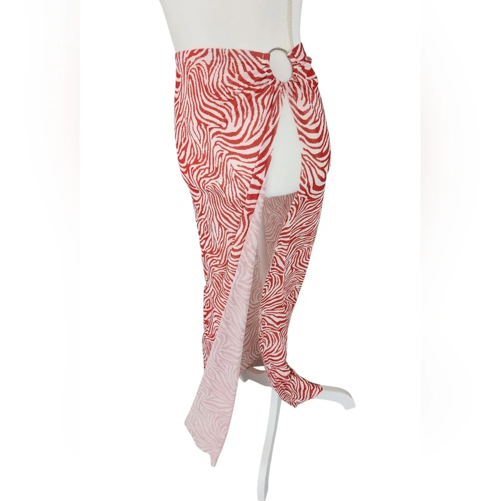 Kendall & Kylie Red and White Zebra-Print Swim Sarong with Ring Detail